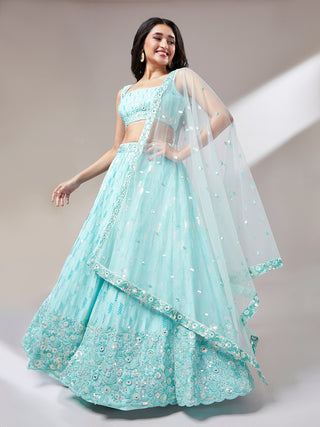 Turquoise Blue Georgerre Sequinse embroidery Semi-Stitched Lehenga choli & Dupatta Clothsvilla
