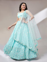 Load image into Gallery viewer, Turquoise Blue Georgerre Sequinse embroidery Semi-Stitched Lehenga choli &amp; Dupatta Clothsvilla