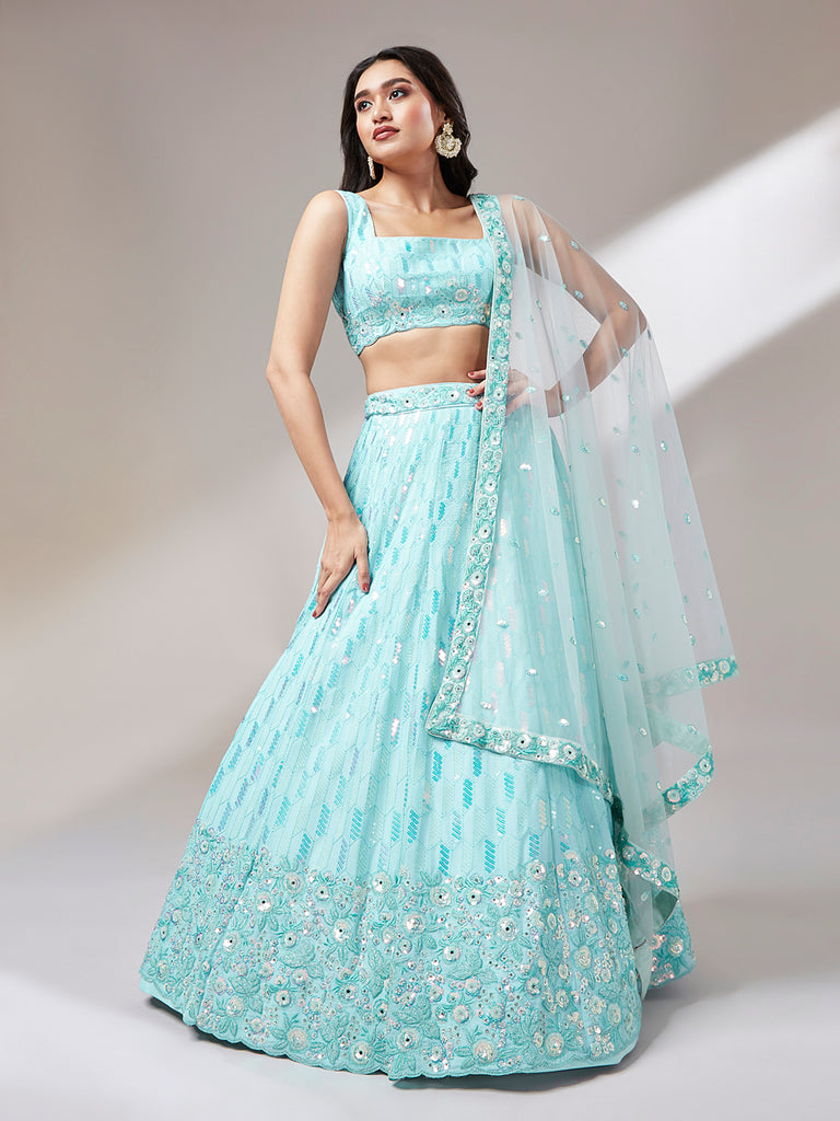 Turquoise Blue Georgerre Sequinse embroidery Semi-Stitched Lehenga choli & Dupatta Clothsvilla