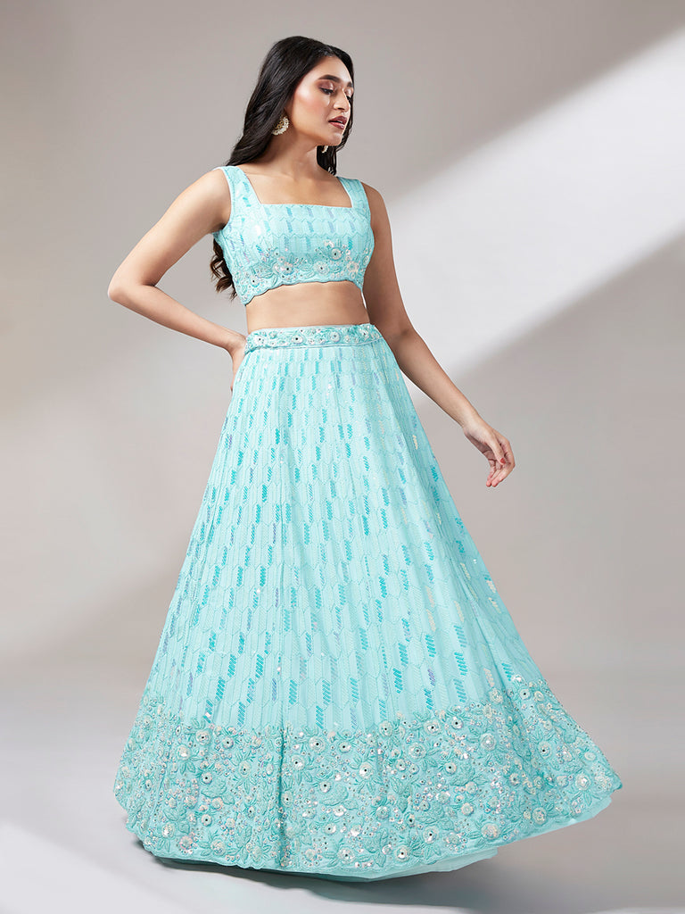 Turquoise Blue Georgerre Sequinse embroidery Semi-Stitched Lehenga choli & Dupatta Clothsvilla