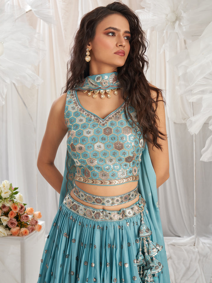 Turquoise Blue Georgette Sequin embroidery Semi-Stitched Lehenga choli & Dupatta ClothsVilla