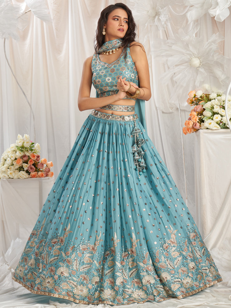 Turquoise Blue Georgette Sequin embroidery Semi-Stitched Lehenga choli & Dupatta ClothsVilla