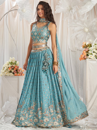 Turquoise Blue Georgette Sequin embroidery Semi-Stitched Lehenga choli & Dupatta ClothsVilla