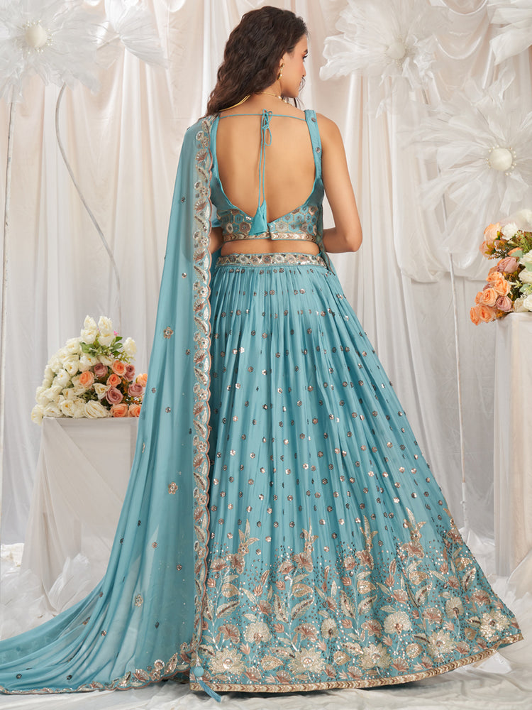Turquoise Blue Georgette Sequin embroidery Semi-Stitched Lehenga choli & Dupatta ClothsVilla