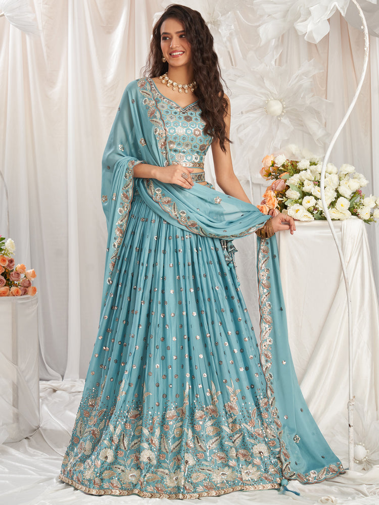 Turquoise Blue Georgette Sequin embroidery Semi-Stitched Lehenga choli & Dupatta ClothsVilla