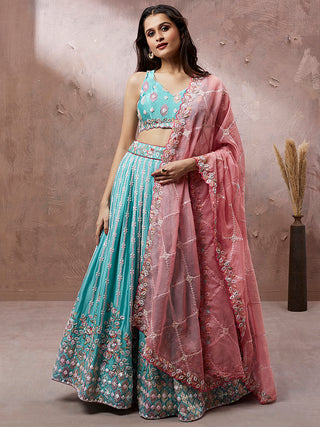 Turquoise Blue Georgette Sequins and thread embroidery Semi-Stitched Lehenga choli & Dupatta Clothsvilla