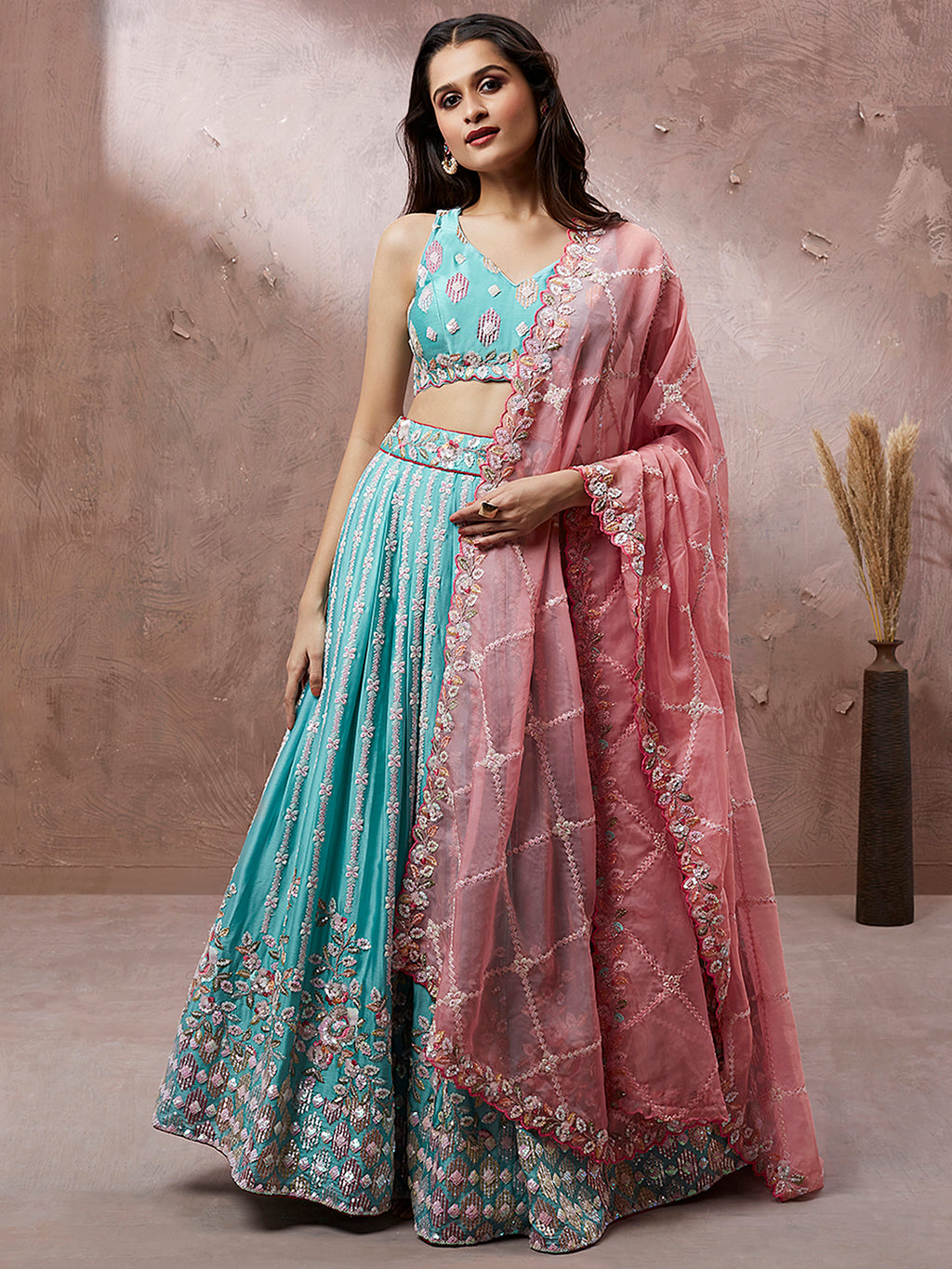 Turquoise Blue Georgette Sequins and thread embroidery Semi-Stitched Lehenga choli & Dupatta Clothsvilla