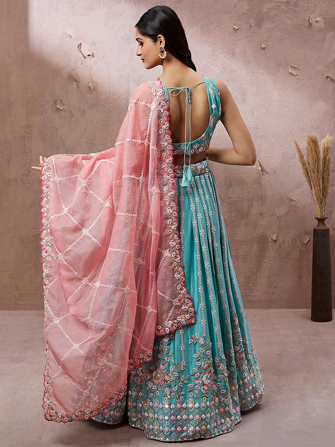 Turquoise Blue Georgette Sequins and thread embroidery Semi-Stitched Lehenga choli & Dupatta Clothsvilla
