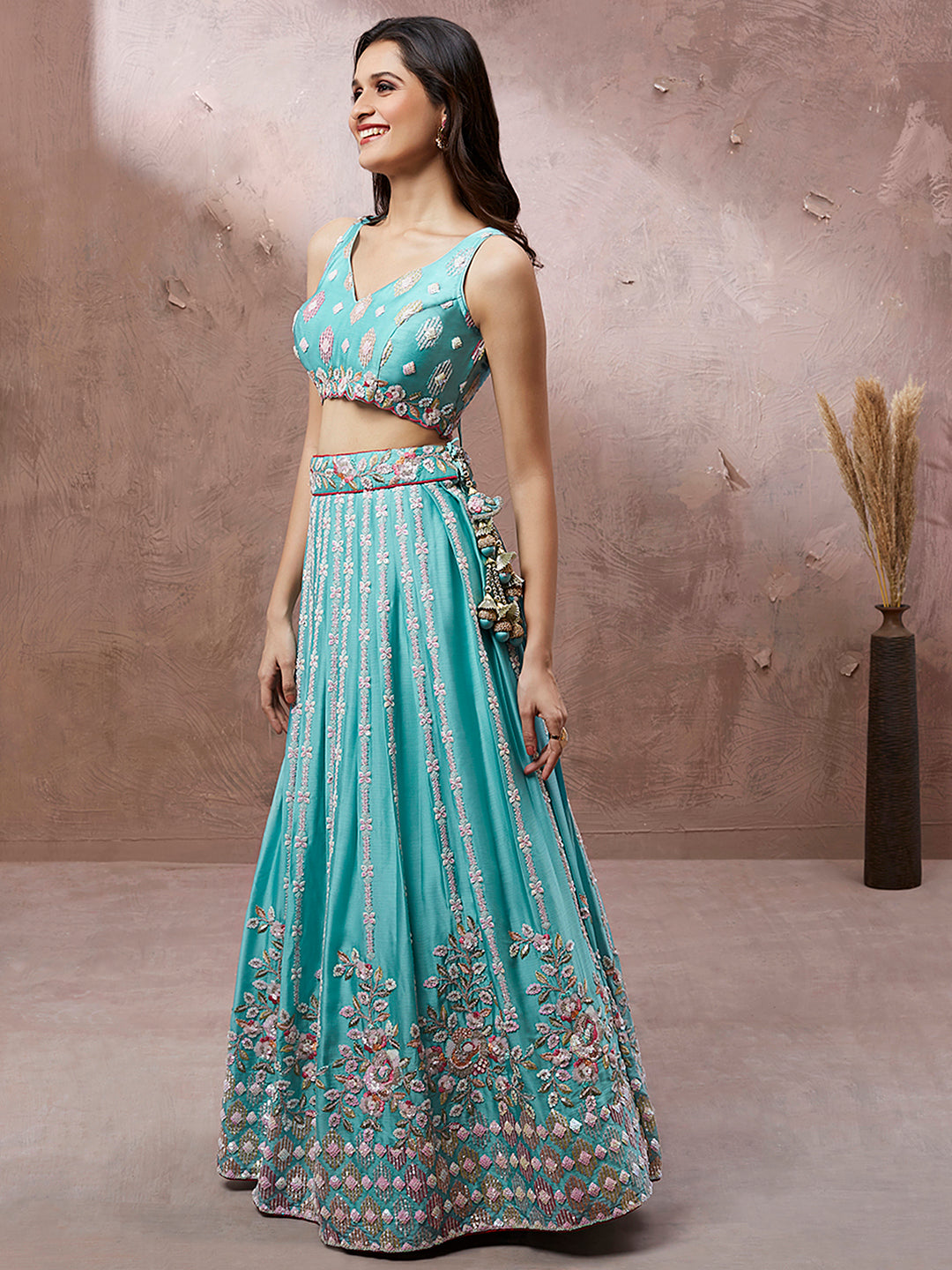 Turquoise Blue Georgette Sequins and thread embroidery Semi-Stitched Lehenga choli & Dupatta Clothsvilla