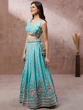 Turquoise Blue Georgette Sequins and thread embroidery Semi-Stitched Lehenga choli & Dupatta Clothsvilla