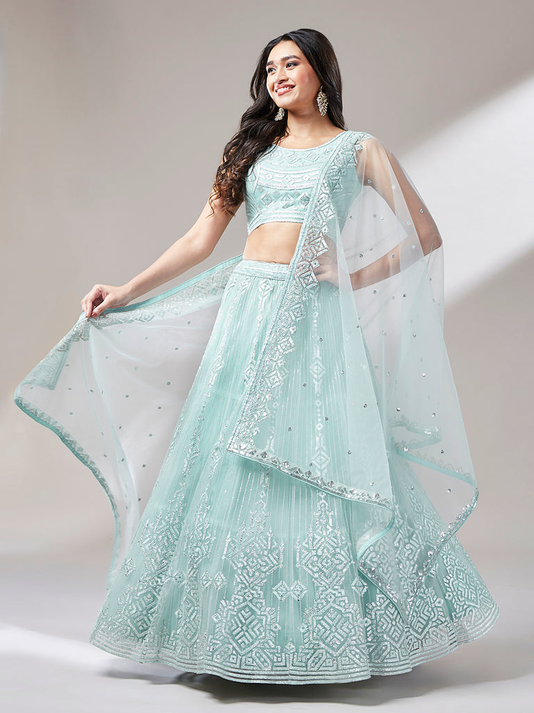 Turquoise Blue Net Gotapatti Work Semi-Stitched Lehenga & Unstitched Blouse, Dupatta Clothsvilla