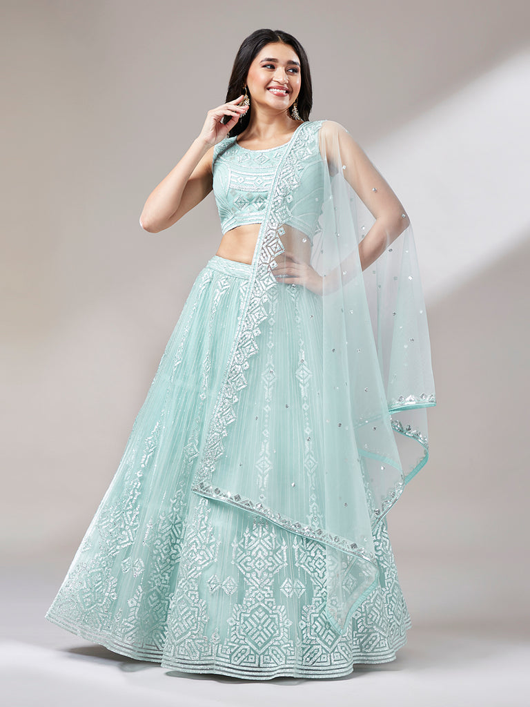 Turquoise Blue Net Gotapatti Work Semi-Stitched Lehenga & Unstitched Blouse, Dupatta Clothsvilla