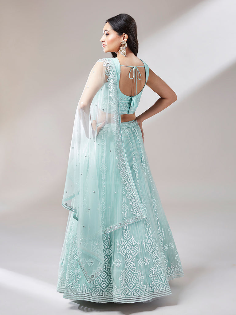 Turquoise Blue Net Gotapatti Work Semi-Stitched Lehenga & Unstitched Blouse, Dupatta Clothsvilla