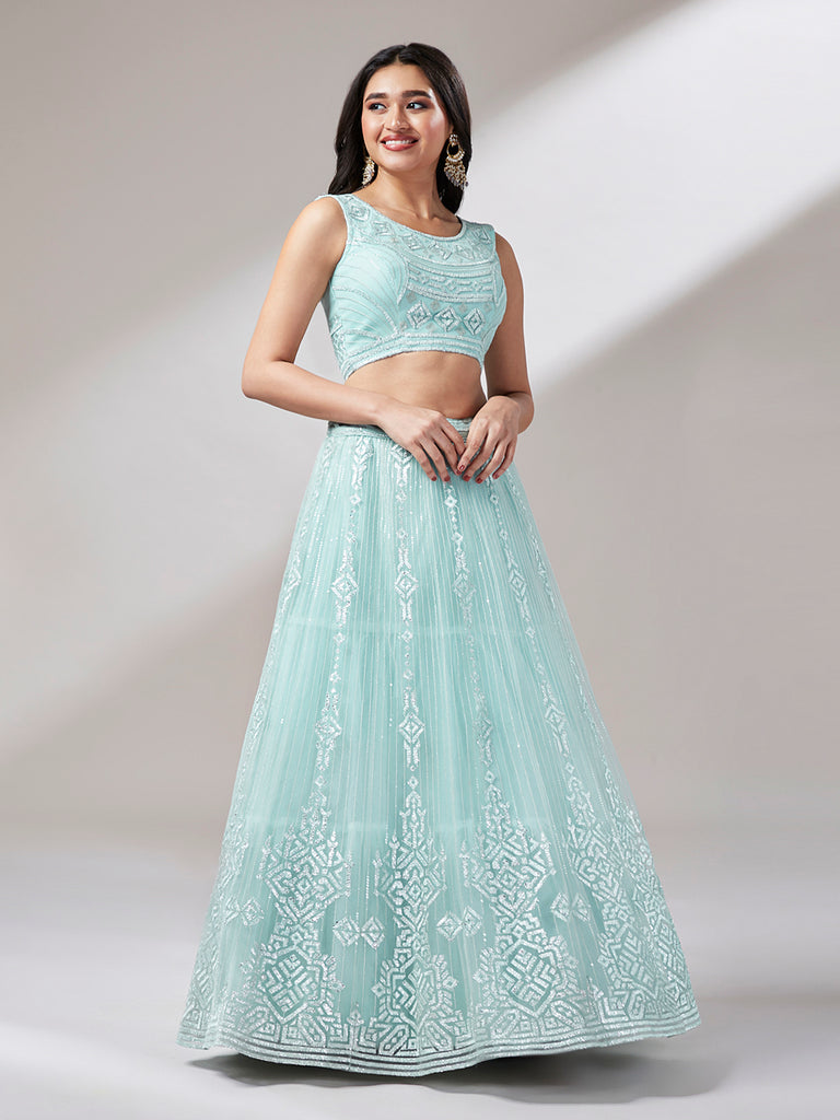 Turquoise Blue Net Gotapatti Work Semi-Stitched Lehenga & Unstitched Blouse, Dupatta Clothsvilla