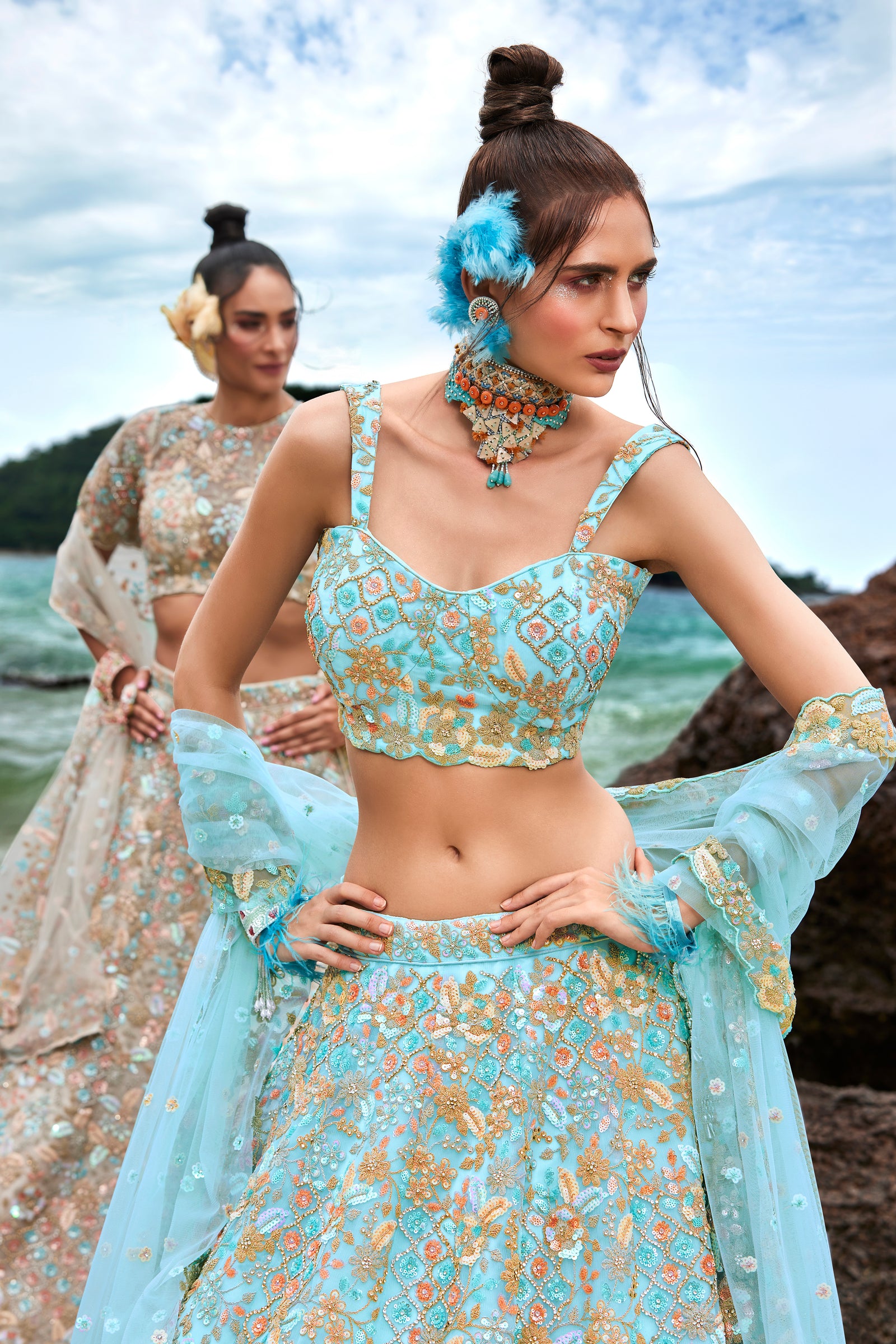 Turquoise blue Net Multi colour Sequins, Zarkans and thread embroidery Semi-Stitched Lehenga choli & Dupatta Clothsvilla