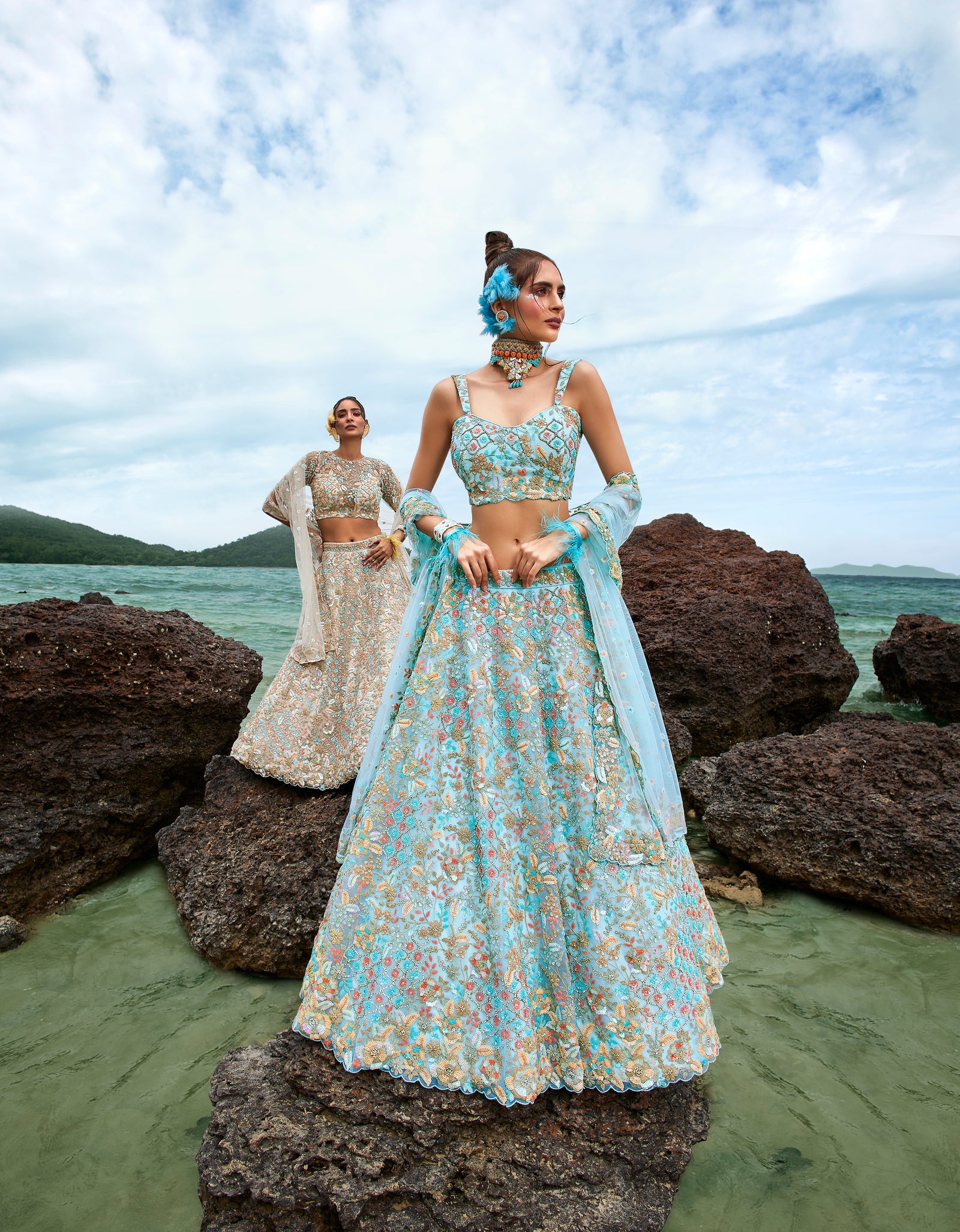 Turquoise blue Net Multi colour Sequins, Zarkans and thread embroidery Semi-Stitched Lehenga choli & Dupatta Clothsvilla