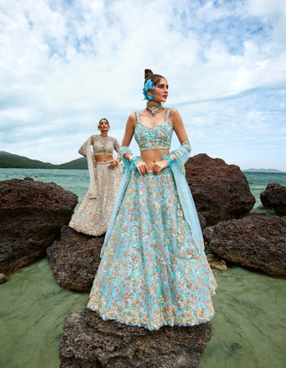 Turquoise blue Net Multi colour Sequins, Zarkans and thread embroidery Semi-Stitched Lehenga choli & Dupatta Clothsvilla