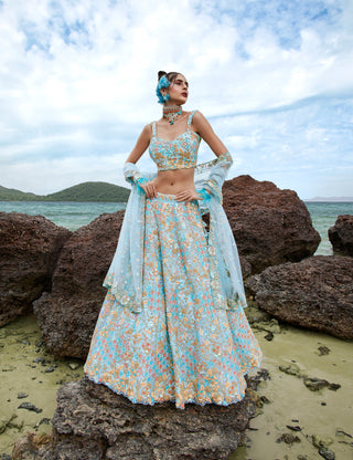 Turquoise blue Net Multi colour Sequins, Zarkans and thread embroidery Semi-Stitched Lehenga choli & Dupatta Clothsvilla