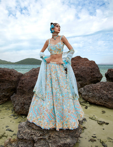 Turquoise blue Net Multi colour Sequins, Zarkans and thread embroidery Semi-Stitched Lehenga choli & Dupatta Clothsvilla