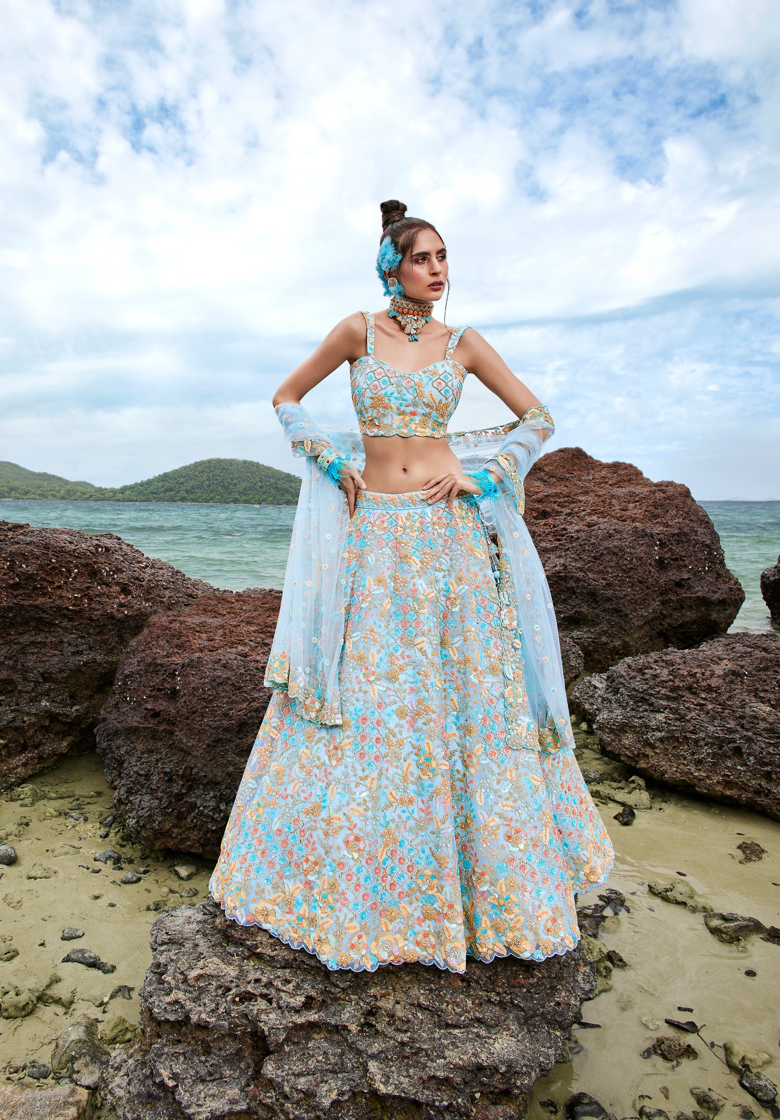 Turquoise blue Net Multi colour Sequins, Zarkans and thread embroidery Semi-Stitched Lehenga choli & Dupatta Clothsvilla