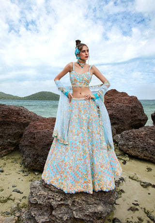 Turquoise blue Net Multi colour Sequins, Zarkans and thread embroidery Semi-Stitched Lehenga choli & Dupatta Clothsvilla