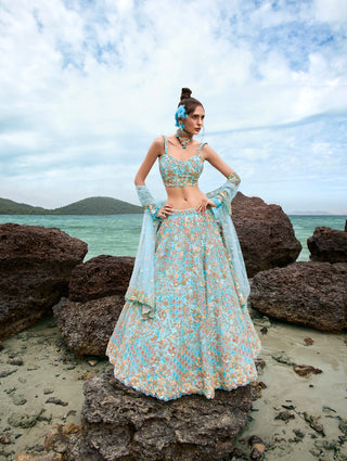 Turquoise blue Net Multi colour Sequins, Zarkans and thread embroidery Semi-Stitched Lehenga choli & Dupatta Clothsvilla