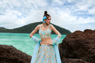 Turquoise blue Net Multi colour Sequins, Zarkans and thread embroidery Semi-Stitched Lehenga choli & Dupatta Clothsvilla