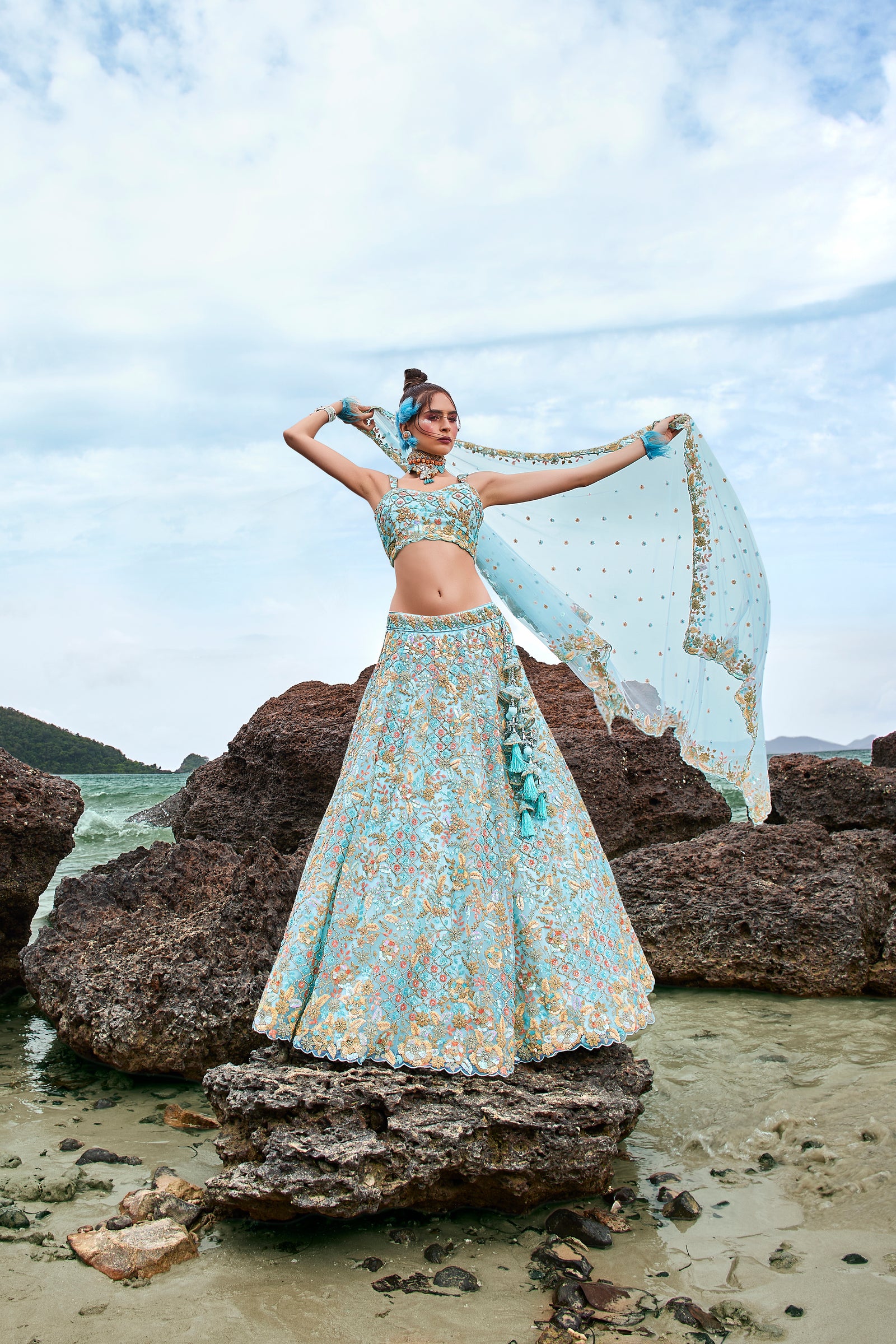 Turquoise blue Net Multi colour Sequins, Zarkans and thread embroidery Semi-Stitched Lehenga choli & Dupatta Clothsvilla
