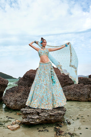 Turquoise blue Net Multi colour Sequins, Zarkans and thread embroidery Semi-Stitched Lehenga choli & Dupatta Clothsvilla