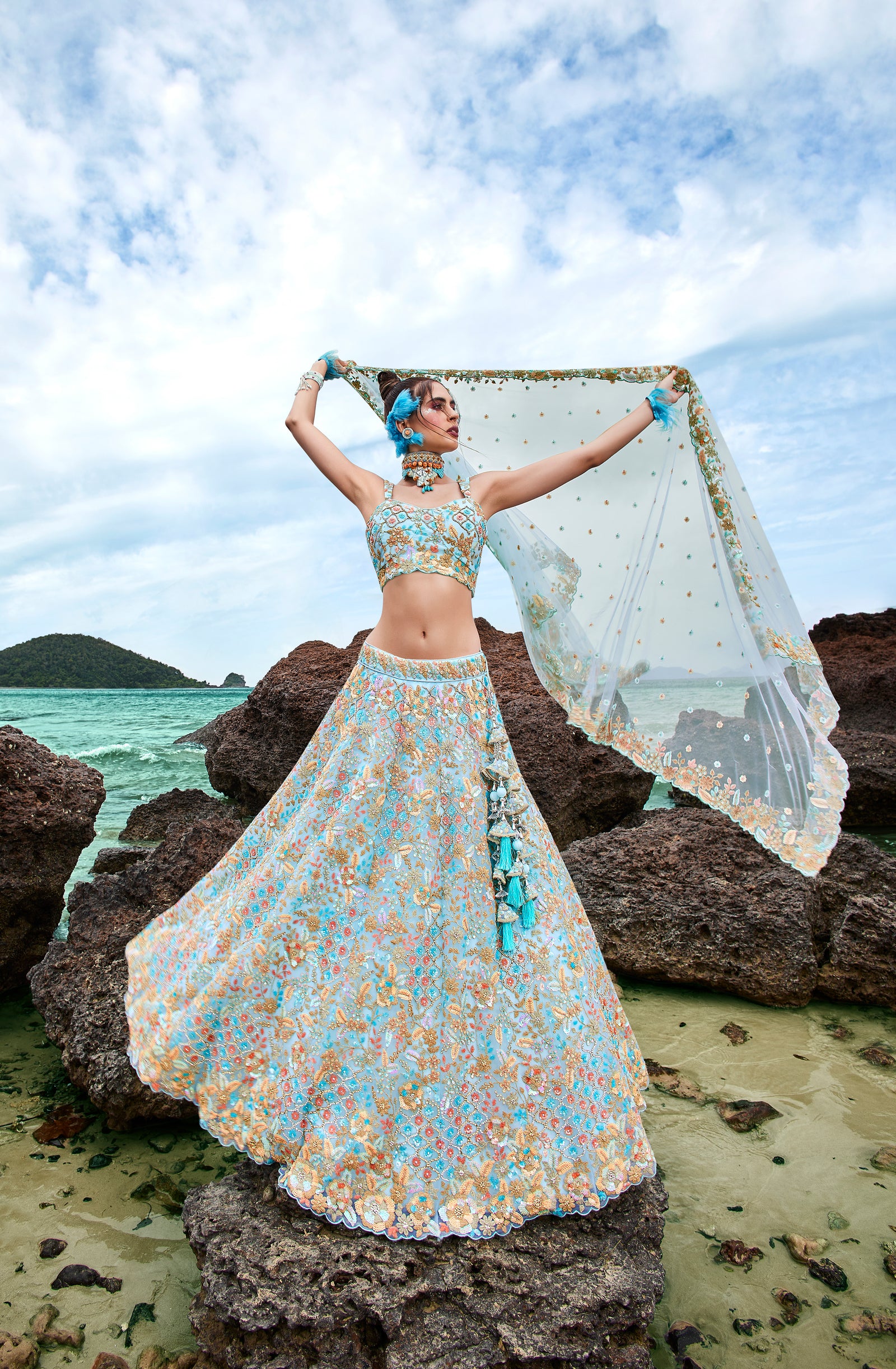 Turquoise blue Net Multi colour Sequins, Zarkans and thread embroidery Semi-Stitched Lehenga choli & Dupatta Clothsvilla