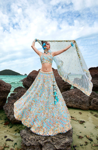 Turquoise blue Net Multi colour Sequins, Zarkans and thread embroidery Semi-Stitched Lehenga choli & Dupatta Clothsvilla