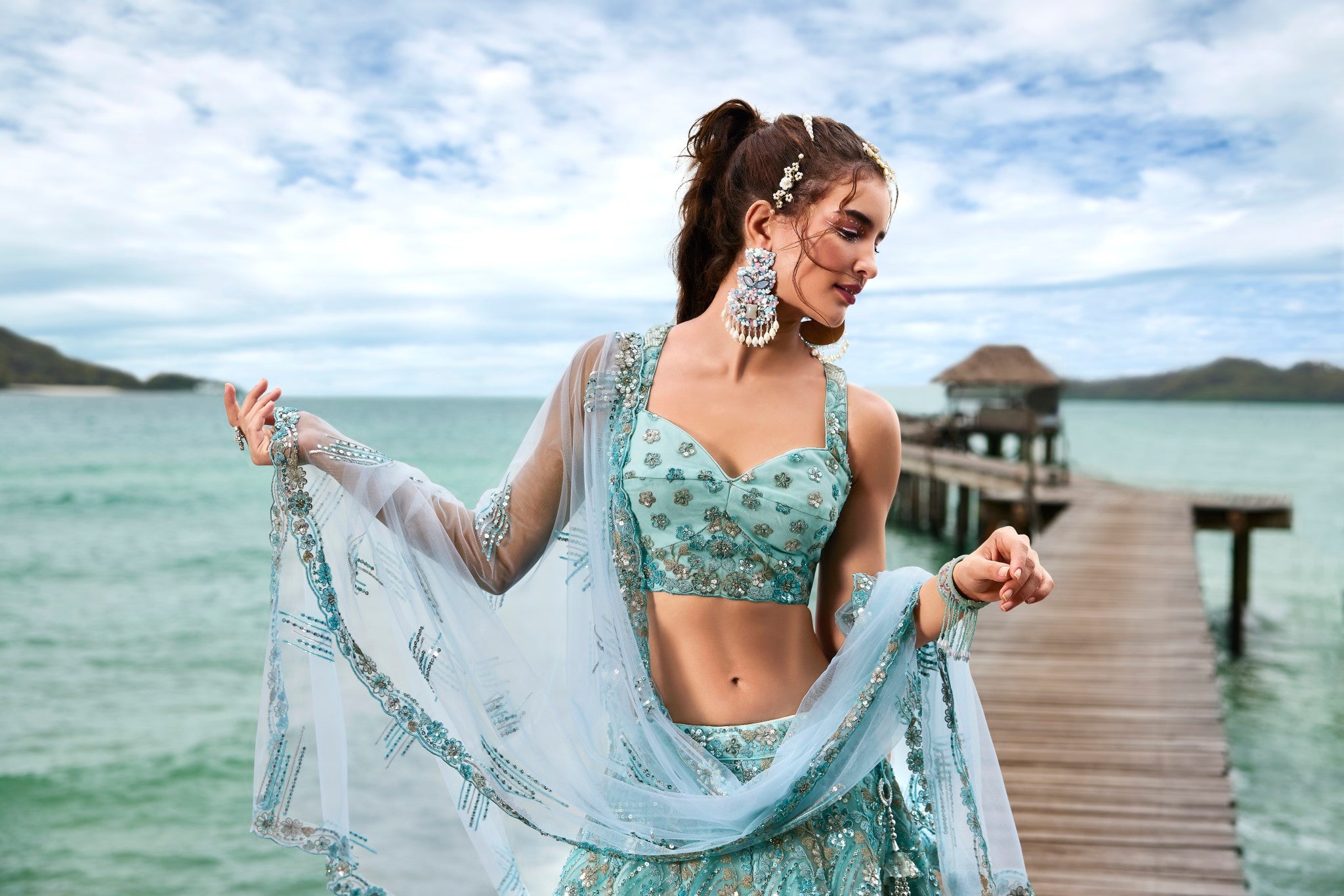 Turquoise Blue Net Sequins and Zarkan embroidery Semi-Stitched Lehenga choli & Dupatta ClothsVilla