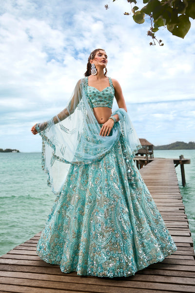 Turquoise Blue Floral Print And Embroidered Lehenga Set With Blouse And  Dupatta - Hijab Online