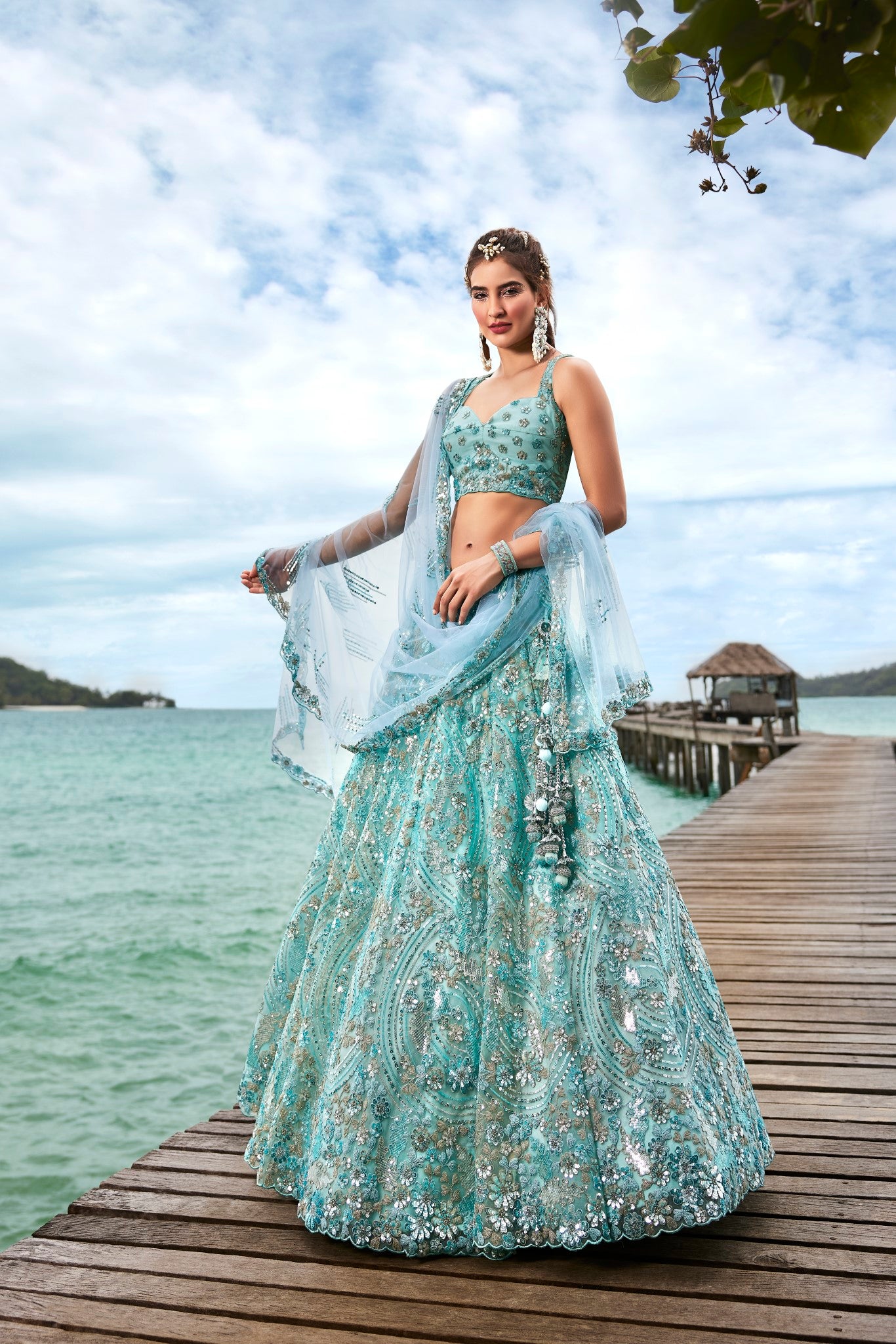 Turquoise Blue Net Sequins and Zarkan embroidery Semi-Stitched Lehenga choli & Dupatta ClothsVilla