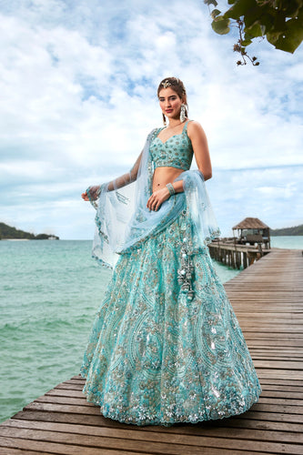 Turquoise Blue Net Sequins and Zarkan embroidery Semi-Stitched Lehenga choli & Dupatta ClothsVilla