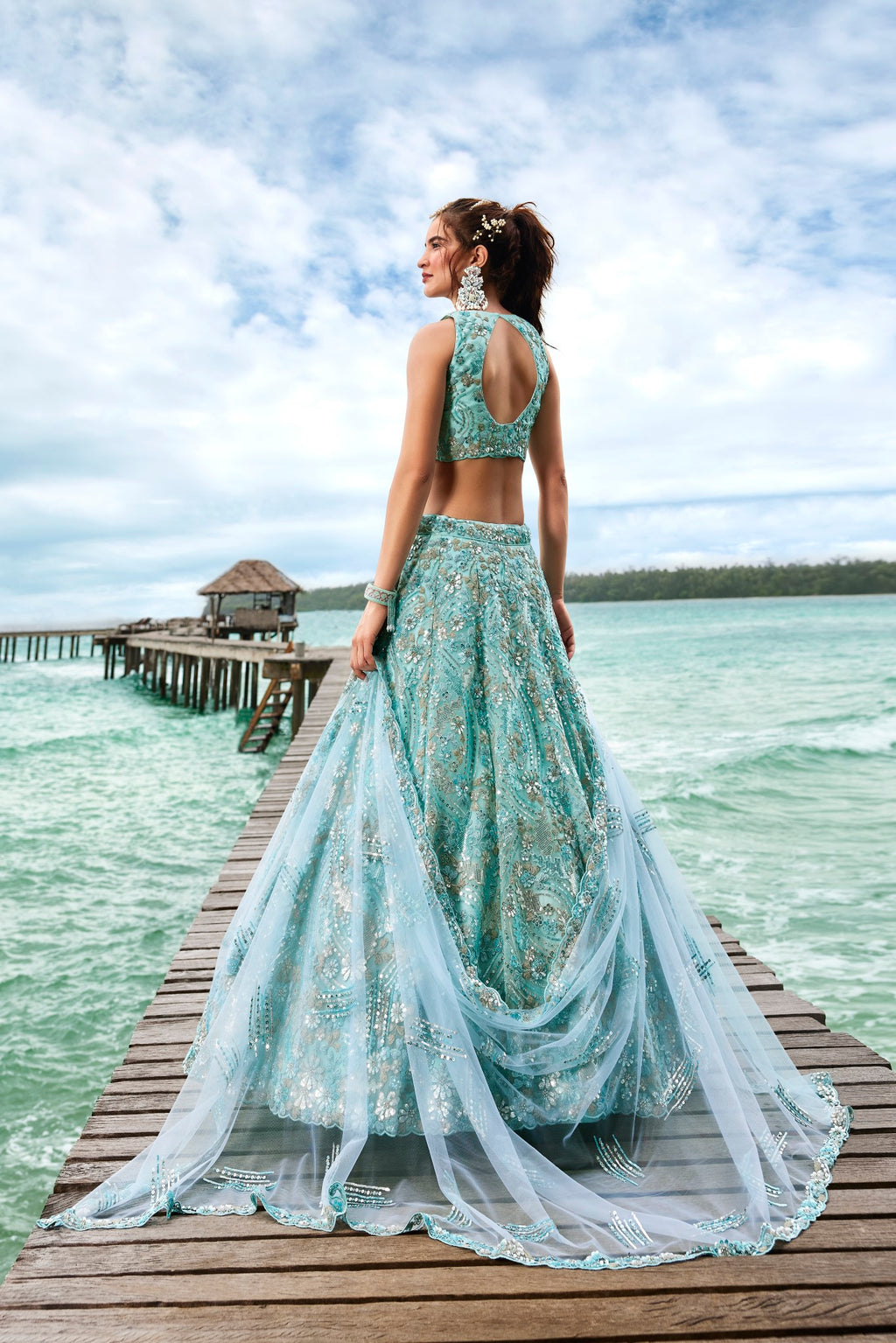 Turquoise Blue Net Sequins and Zarkan embroidery Semi-Stitched Lehenga choli & Dupatta ClothsVilla
