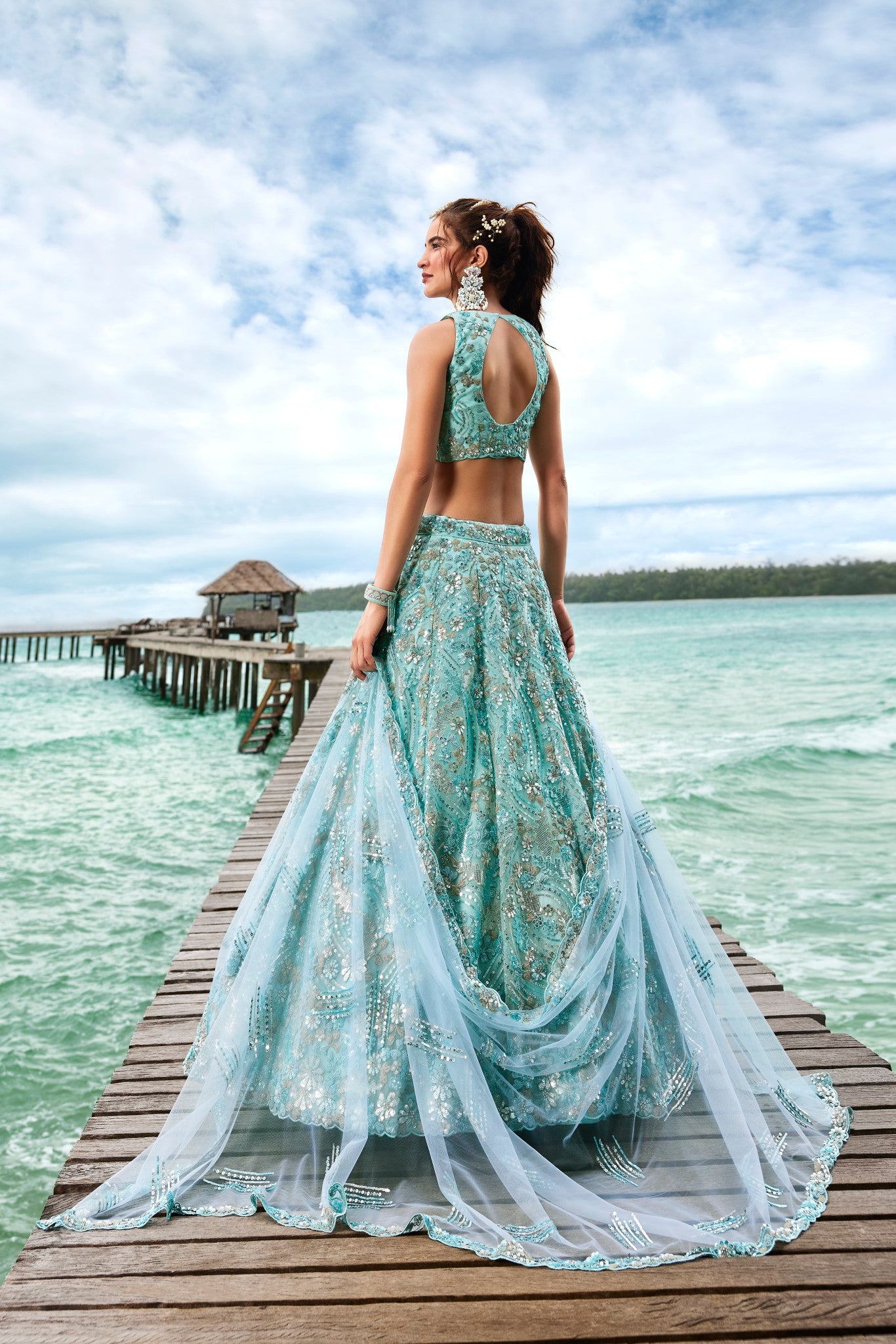 Turquoise Blue Net Sequins and Zarkan embroidery Semi-Stitched Lehenga choli & Dupatta ClothsVilla