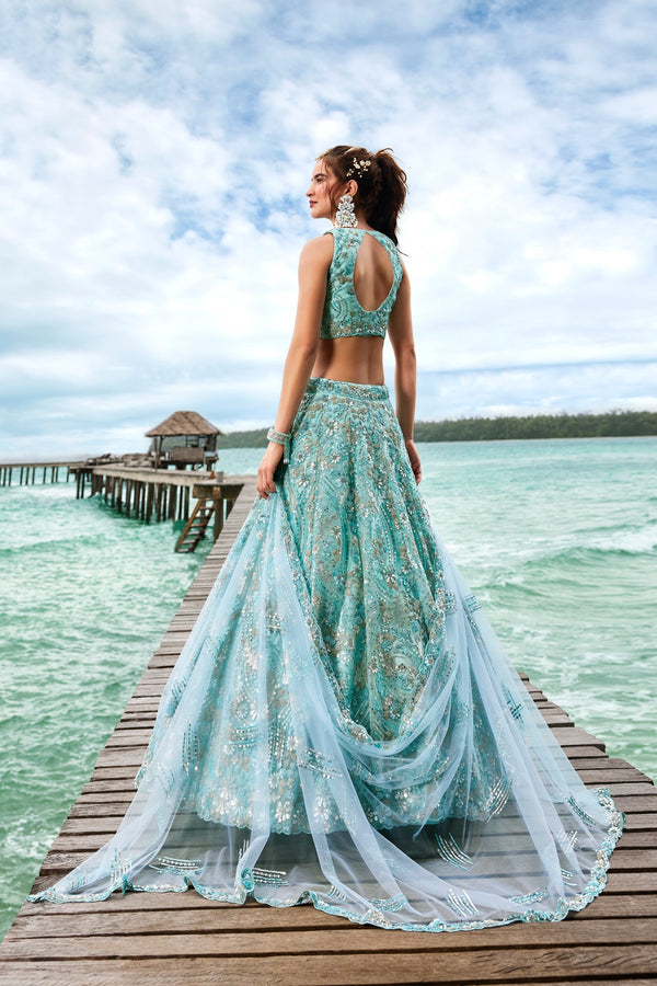 Turquoise Blue Net Sequins and Zarkan embroidery Semi-Stitched Lehenga choli & Dupatta ClothsVilla