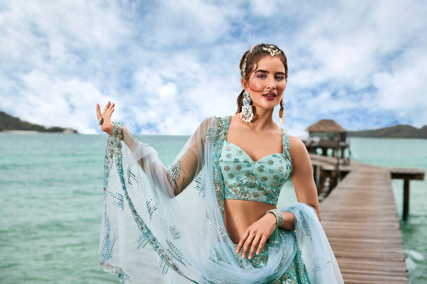 Turquoise Blue Net Sequins and Zarkan embroidery Semi-Stitched Lehenga choli & Dupatta ClothsVilla