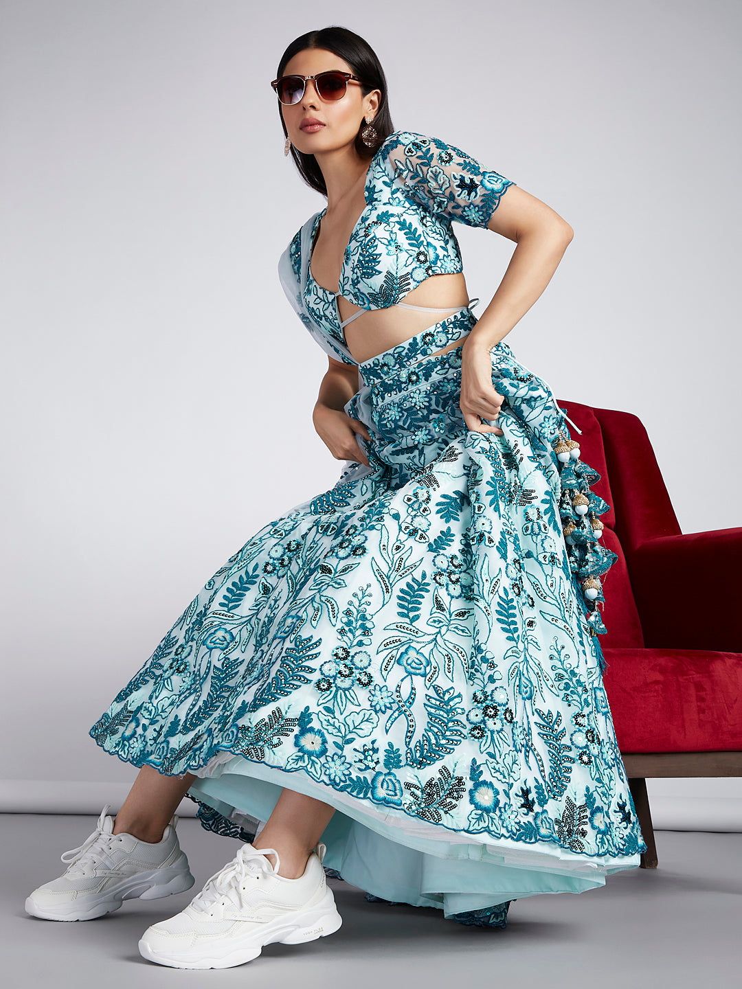 Turquoise blue Net Sequins, Mirror and thread embroidery Semi-Stitched Lehenga choli & Dupatta ClothsVilla