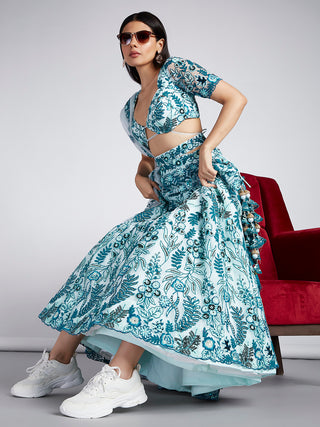 Turquoise blue Net Sequins, Mirror and thread embroidery Semi-Stitched Lehenga choli & Dupatta ClothsVilla