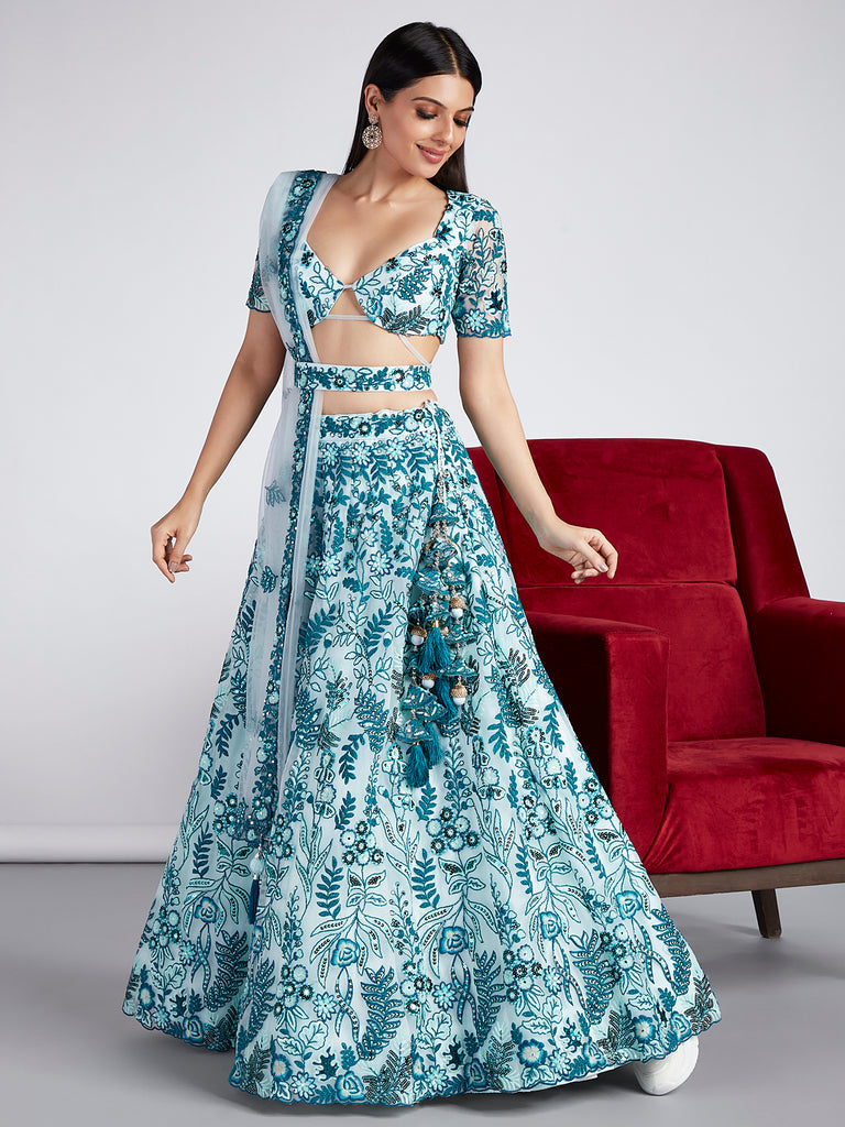 Turquoise blue Net Sequins, Mirror and thread embroidery Semi-Stitched Lehenga choli & Dupatta ClothsVilla