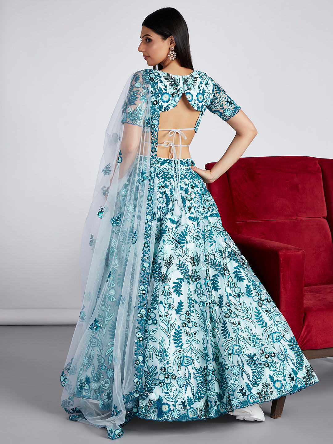 Turquoise blue Net Sequins, Mirror and thread embroidery Semi-Stitched Lehenga choli & Dupatta ClothsVilla