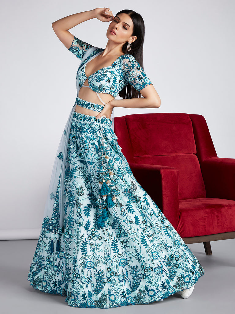 Turquoise blue Net Sequins, Mirror and thread embroidery Semi-Stitched Lehenga choli & Dupatta ClothsVilla