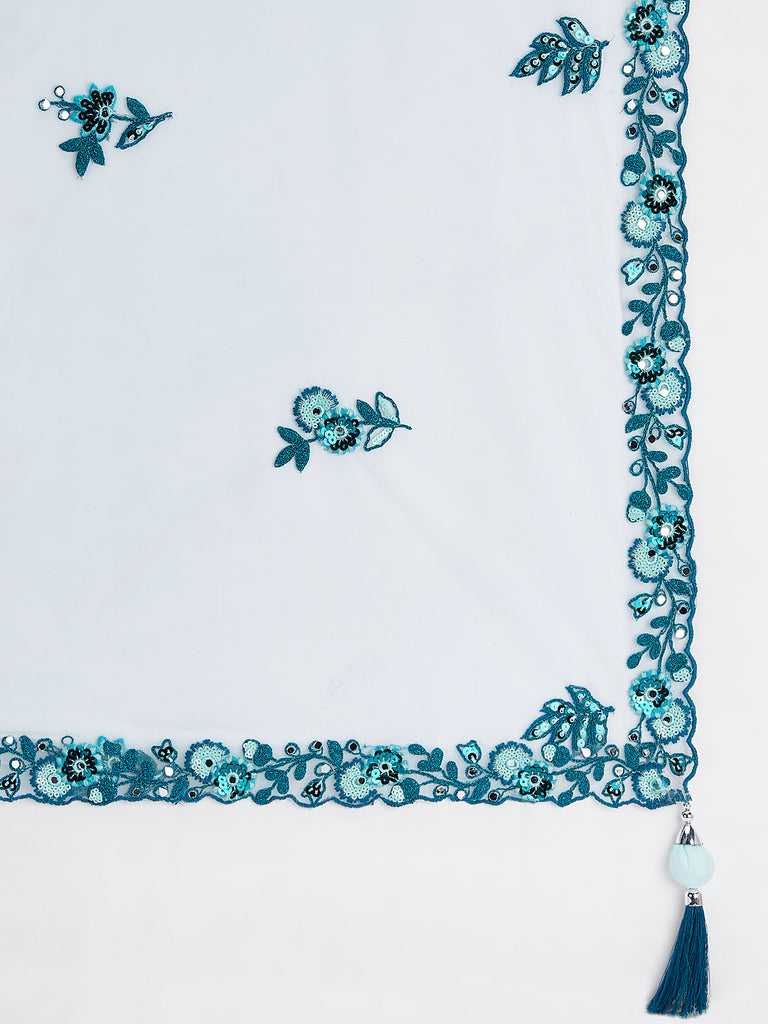 Turquoise blue Net Sequins, Mirror and thread embroidery Semi-Stitched Lehenga choli & Dupatta ClothsVilla