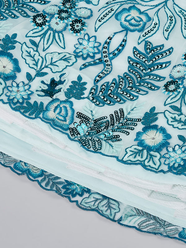 Turquoise blue Net Sequins, Mirror and thread embroidery Semi-Stitched Lehenga choli & Dupatta ClothsVilla
