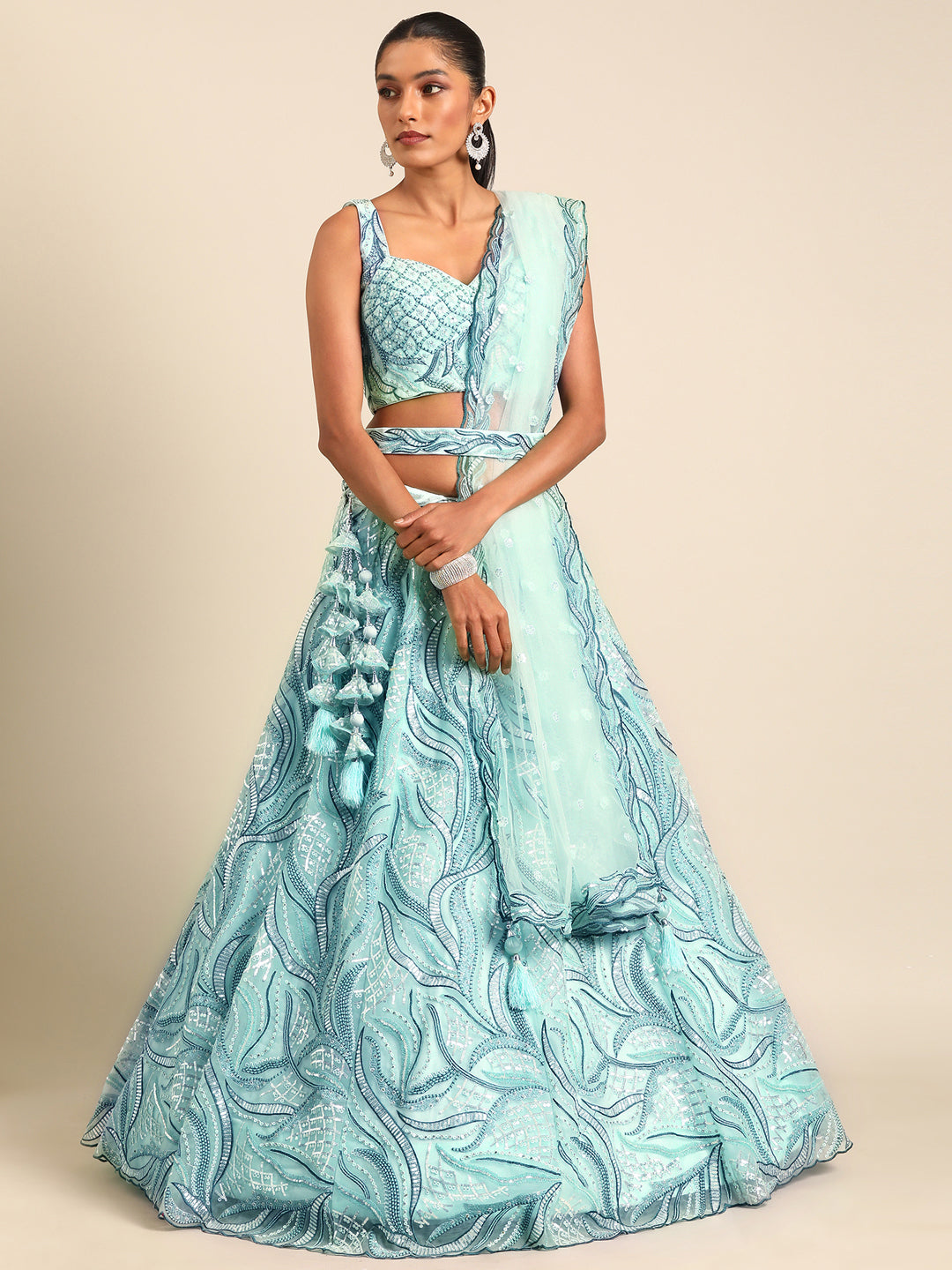 Turquoise Blue Net Sequins, Zarkan and thread embroidery Semi-Stitched Lehenga choli & Dupatta Clothsvilla