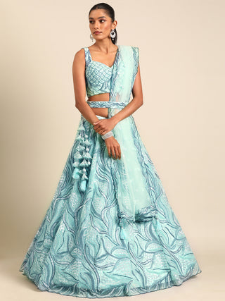 Turquoise Blue Net Sequins, Zarkan and thread embroidery Semi-Stitched Lehenga choli & Dupatta Clothsvilla