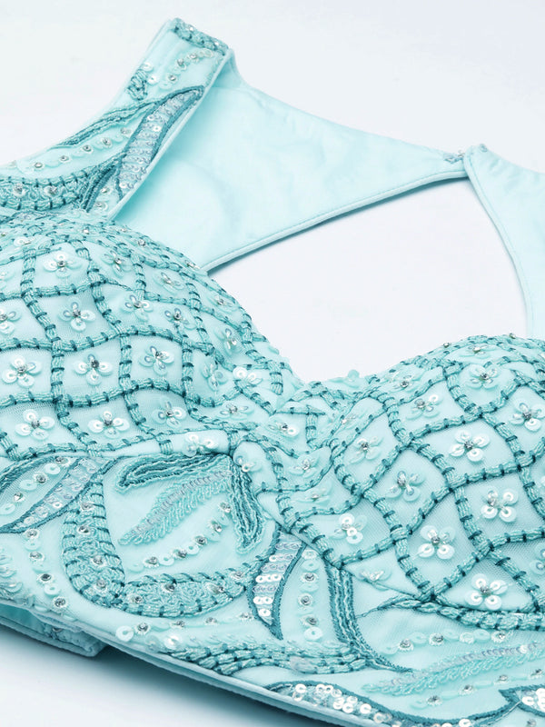 Turquoise Blue Net Sequins, Zarkan and thread embroidery Semi-Stitched Lehenga choli & Dupatta Clothsvilla