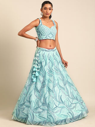 Turquoise Blue Net Sequins, Zarkan and thread embroidery Semi-Stitched Lehenga choli & Dupatta Clothsvilla